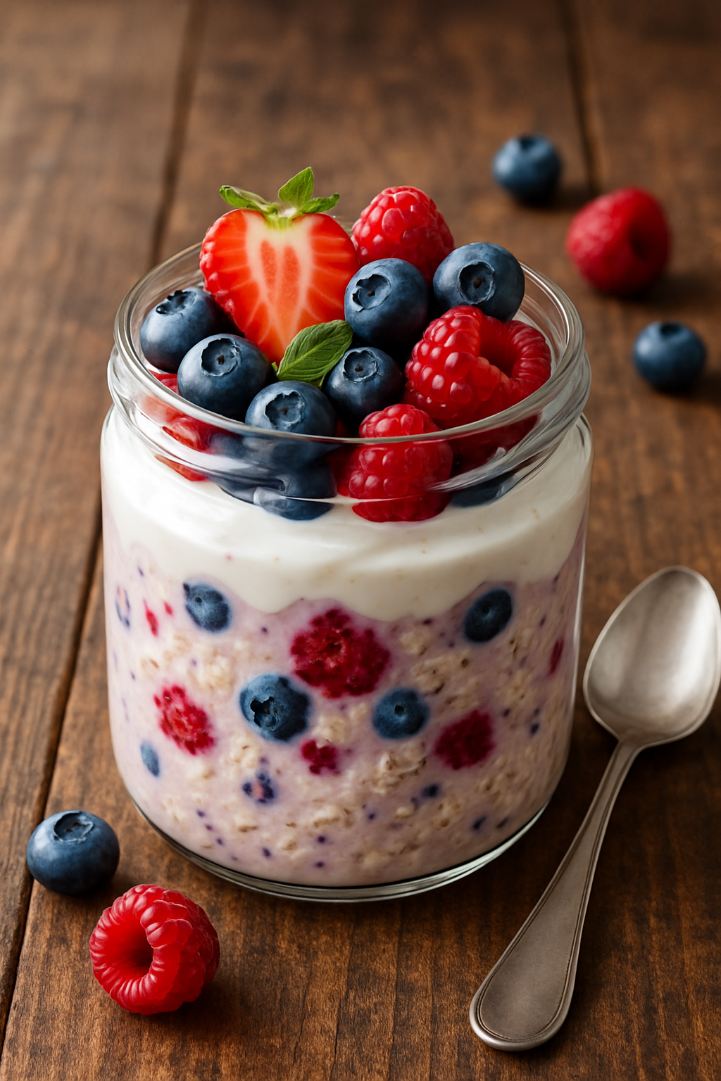 A jar of high-protein berry overnight oats with fresh mixed berries on top, placed on a rustic wooden table.